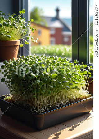 Fresh Close up microgreens in a tray on the home windowsill. 111265377