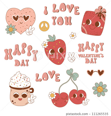 Retro groovy love elements for Valentines Day. Hippie pink romantic set, cute sticker, funny vector characters 111265535