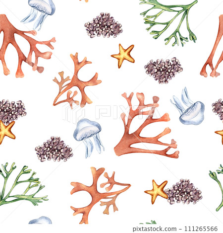 Watercolor seamless pattern of sea plants and starfish isolated on white. Seaweeds and coral hand drawn. Painted colorful algae print. Design element for textile, paper, packaging, marine collection 111265566