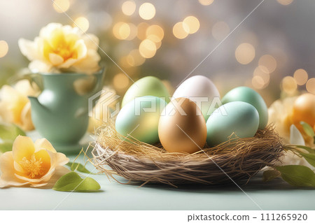 Happy Easter, holiday greeting card mockup with light bokeh, flowers and colored eggs. 111265920