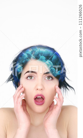 Brainwashing manipulation. Thought control. Shocked scared woman with blue smoke cloud hair effect isolated on white background empty space. 111266026