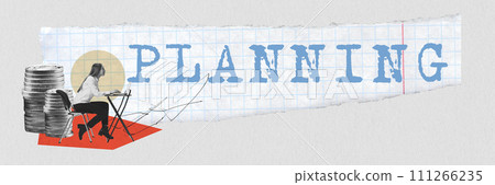 Banner. Modern aesthetic artwork. Young woman, sitting at table with stack of coins behind her against background with word Planning. 111266235