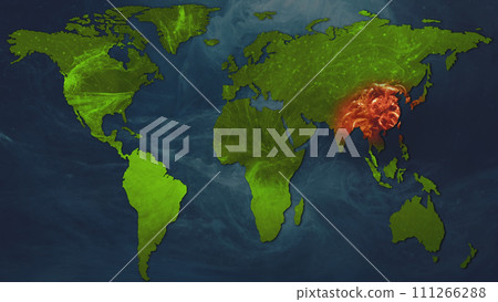 Coronavirus source. Disease outbreak. Infection spreading map. Red dangerous virus epidemic origin location in green safe world planet earth countries. 111266288