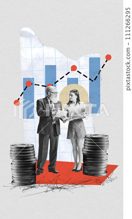 Contemporary art collage. Experienced successful businessman communicates and explains his work plan for month to his assistant. Contemporary art collage. Experienced successful businessman communicates and explains his work plan for month to his assistant. 111266295