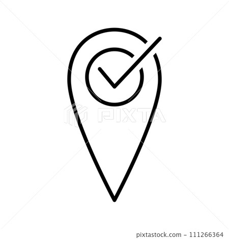 Location pin and check mark icon. GPS navigator pointer. Geolocation map mark, point location. Location pin and check mark icon. GPS navigator pointer. Geolocation map mark, point location. 111266364