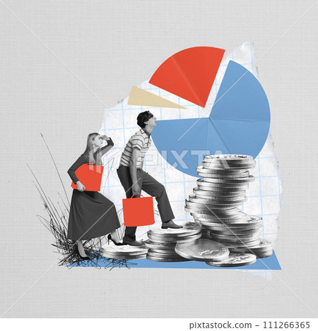 Modern aesthetic artwork. Man and woman holds red business-bags look into distance at their set goals and walk up stacks of coins. Modern aesthetic artwork. Man and woman holds red business-bags look into distance at their set goals and walk up stacks of coins. 111266365