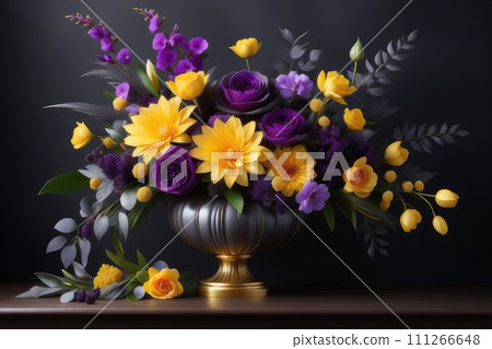 Beautiful floral arrangement in dark grey, purple floral and and lush greenery. 111266648