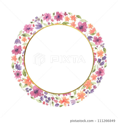 Watercolor floral round frame made of different flowers, green leaves and branches, frame with golden texture. Hand drawn illustration of botanical template for greeting cards or wedding invitations, Watercolor floral round frame made of different flowers, green leaves and branches, frame with golden texture. Hand drawn illustration of botanical template for greeting cards or wedding invitations, 111266849
