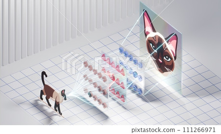 Cat and Neural Network: Visualization of Image Recognition Process, 3D rendering 111266971
