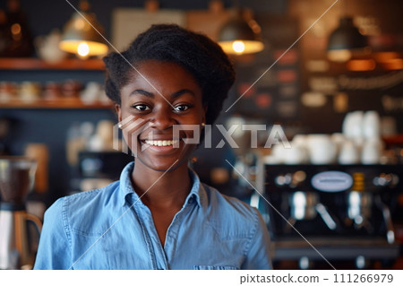 Beautiful Black Woman Outside a Cafe, Casual Style in Urban Setting, AI Generated 111266979