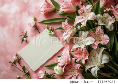 Pink Alstroemeria Flowers and Card on Textured Background 111267081