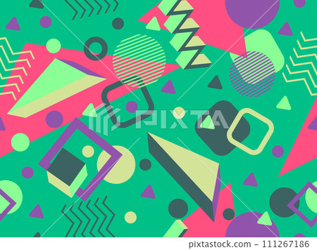 Geometric seamless pattern with memphis elements in 80s style. Colorful geometric pattern. Design of promotional products, wrapping paper and printing. Vector illustration 111267186