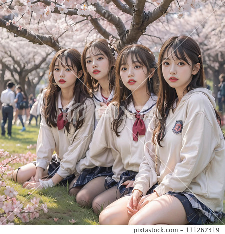 High school girl enjoying cherry blossom viewing in the park AI gravure AI photo AI image High school girl enjoying cherry blossom viewing in the park AI gravure AI photo AI image 111267319