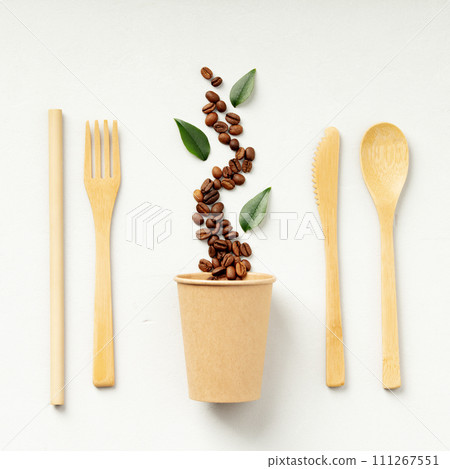 Coffee Beans and Leaves with Eco Utensils 111267551