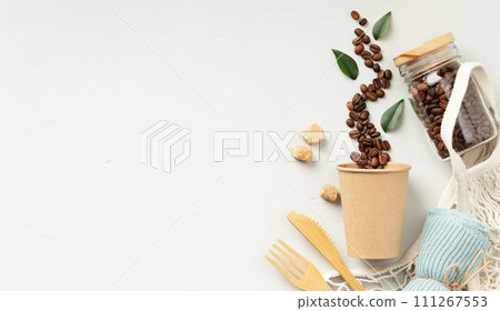 Sustainable Coffee and Eco Utensils on White 111267553