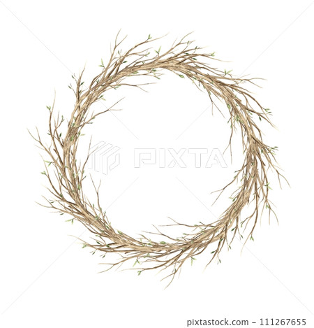 Watercolor wreath of spring branches. The illustration is hand drawn on an isolated background. Drawing for greeting cards, invitations, posters, book illustrations, fabric, design. Watercolor wreath of spring branches. The illustration is hand drawn on an isolated background. Drawing for greeting cards, invitations, posters, book illustrations, fabric, design. 111267655