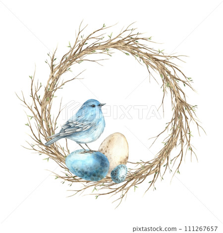 Watercolor wreath of branches with a blue bird and Easter eggs. Easter holiday illustration hand drawn. Sketch on isolated background for greeting cards, invitations, happy holidays, posters, decor. 111267657