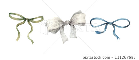 A set of watercolor bows of different colors for creating compositions. Sketch on isolated background for greeting cards, invitations, banners, posters, textiles, graphic design. 111267685