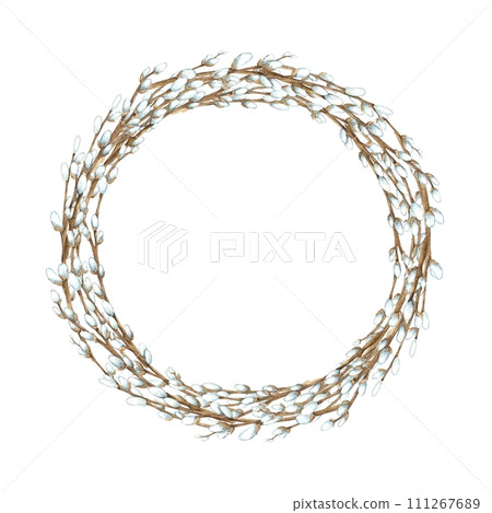 Watercolor wreath of willow branches. Easter holiday illustration hand drawn. Sketch on isolated background for greeting cards, invitations, happy holidays, posters, decor 111267689