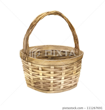Watercolor illustration of a wicker brown basket. Blank element for picnic, flowers, vegetables, food isolated on background. Rustic vintage straw basket is used in designs on postcards and textiles. Watercolor illustration of a wicker brown basket. Blank element for picnic, flowers, vegetables, food isolated on background. Rustic vintage straw basket is used in designs on postcards and textiles. 111267691