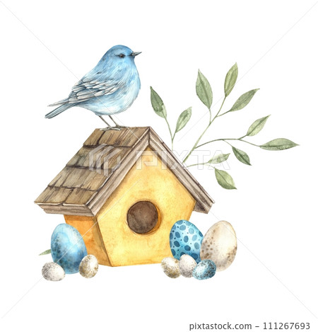 Watercolor Easter illustration with blue bird, yellow house, Easter eggs and green branch. Illustration hand drawn on isolated background for greeting cards, invitations, happy holidays, posters. Watercolor Easter illustration with blue bird, yellow house, Easter eggs and green branch. Illustration hand drawn on isolated background for greeting cards, invitations, happy holidays, posters. 111267693