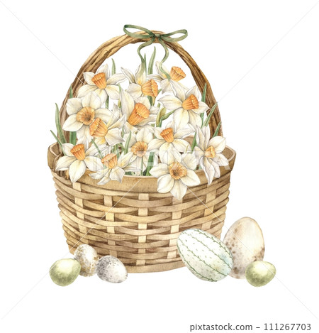 Watercolor Easter illustration with wicker basket, white daffodils and Easter eggs. Illustration hand drawn on isolated background for greeting cards, invitations, happy holidays, posters, decor. 111267703