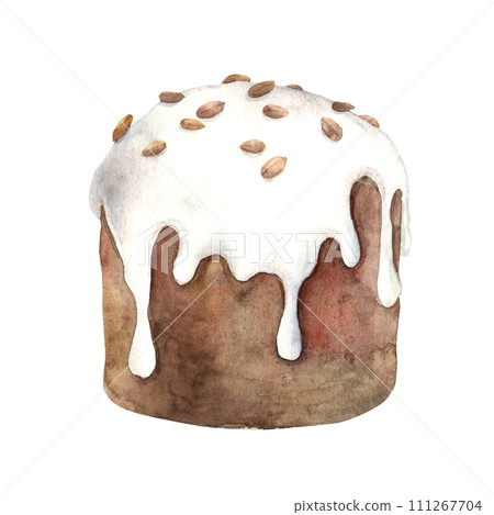 Watercolor Easter cake, hand drawn. Sketch on isolated background for greeting cards, invitations, banners, posters, textiles, graphic design. 111267704