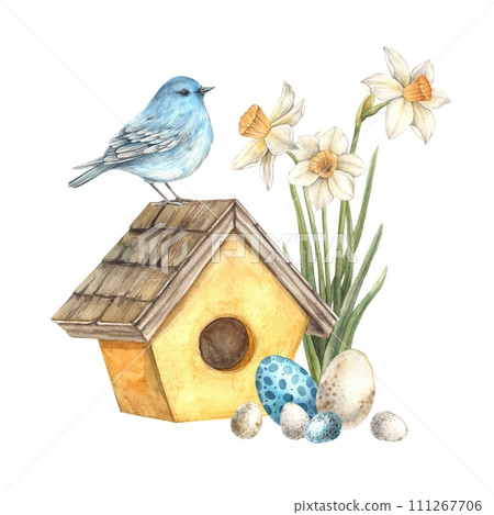 Watercolor Easter illustration with blue bird, yellow house, Easter eggs and daffodils. Illustration hand drawn on isolated background for greeting cards, invitations, happy holidays, posters. 111267706