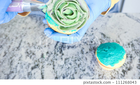 Using buttercream frosting, vanilla and chocolate cupcakes are intricately decorated to resemble various types of cactuses, creating a delightful and visually engaging dessert that showcases Using buttercream frosting, vanilla and chocolate cupcakes are intricately decorated to resemble various types of cactuses, creating a delightful and visually engaging dessert that showcases 111268043