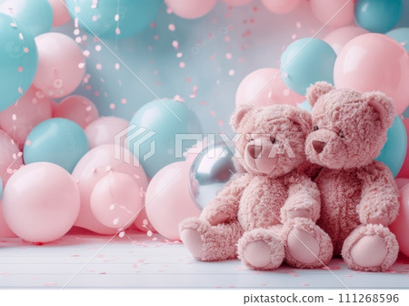 teddy bears and balloons on a pink background for baby girl 111268596