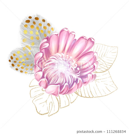 Watercolor bouquet of pink protea and golden tropical monstera leaves. Luxe composition. To create invitations, decor, wedding design. Watercolor bouquet of pink protea and golden tropical monstera leaves. Luxe composition. To create invitations, decor, wedding design. 111268834