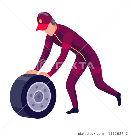 Racing car pit stop mechanics. Engineers team in uniform changing wheels, tires. Auto maintenance service, quick repair Racing car pit stop mechanics. Engineers team in uniform changing wheels, tires. Auto maintenance service, quick repair 111268842