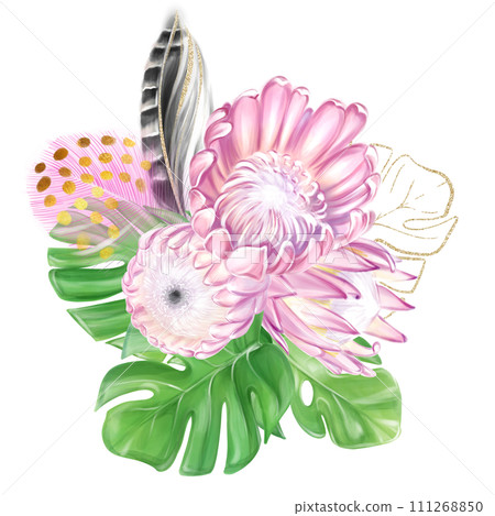Watercolor composition of tropical pink protea flower and monstera leaves with feathers. To create wedding design, invitations, decor Watercolor composition of tropical pink protea flower and monstera leaves with feathers. To create wedding design, invitations, decor 111268850
