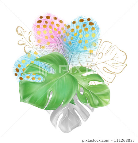 Bouquet of tropical monstera leaves and colorful feathers, wedding invitation design, luxury decor 111268853