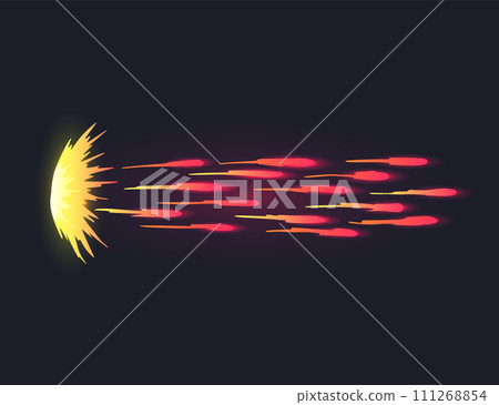 Cartoon laser gun beam. Alien combat weapon rays. Futuristic shot effect. Destructive plasma flow. Bomb blaster attack explosion. Vector game element Cartoon laser gun beam. Alien combat weapon rays. Futuristic shot effect. Destructive plasma flow. Bomb blaster attack explosion. Vector game element 111268854