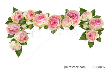 Small pink rose flowers in a floral arrangement isolated on white background. Decorative garland. 111268897