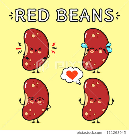 Funny cute happy Red beans characters bundle set. Vector hand drawn doodle style cartoon character illustration icon design. Isolated on yellow background. Red beans mascot character collection 111268945