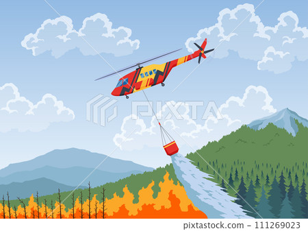 Helicopter extinguishing forest fire. Rescue air transport. Remote extinguishing of fires in mountainous areas. Combating natural disasters. Vector illustration 111269023