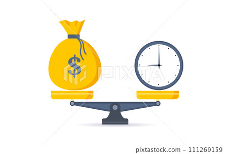 Time is money. Clock and dollar bag a balance scale. Financial concept .Time value of money asset growth over time depicts investment in long-term equity. Vector Time is money. Clock and dollar bag a balance scale. Financial concept .Time value of money asset growth over time depicts investment in long-term equity. Vector 111269159