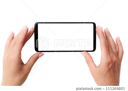 Black smartphone with white screen in hands 111269801