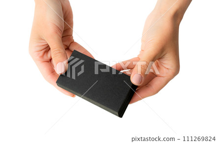 Black business card in girl hands 111269824