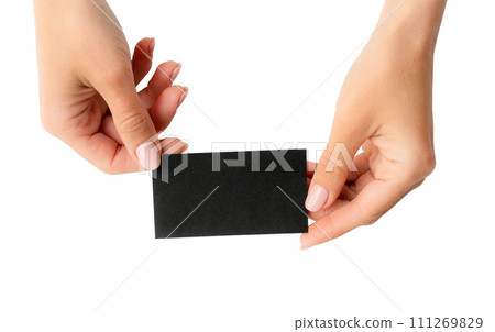 Black business card in girl hands 111269829
