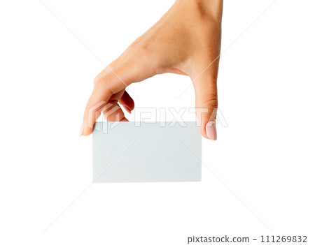 White business card in girl hands 111269832