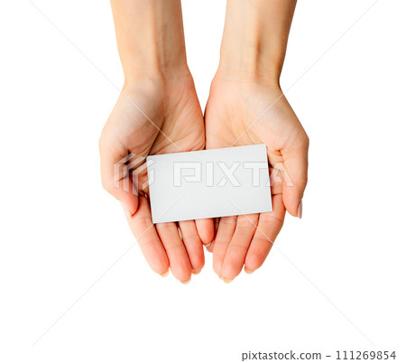 White business card in girl hands 111269854