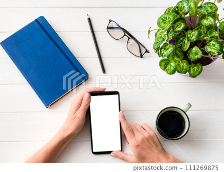 Top view of girl using smartphone at working place Top view of girl using smartphone at working place 111269875