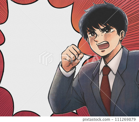 70s gekiga style Japanese businessman illustration banner making a loud noise 70s gekiga style Japanese businessman illustration banner making a loud noise 111269879