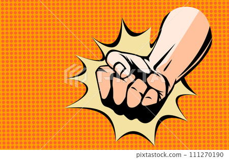 Hand fist with comics background. Blow fist flat cartoon banner. Vector hand strike as a concept energy and power Hand fist with comics background. Blow fist flat cartoon banner. Vector hand strike as a concept energy and power 111270190