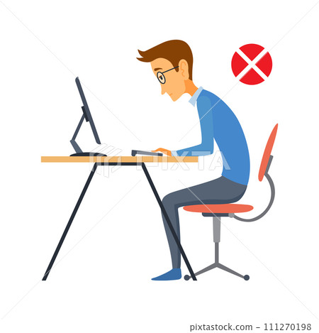 Correct body alignment in sitting working with computer. Wrong posture cause office syndrome and back pain. Vector illustration 111270198