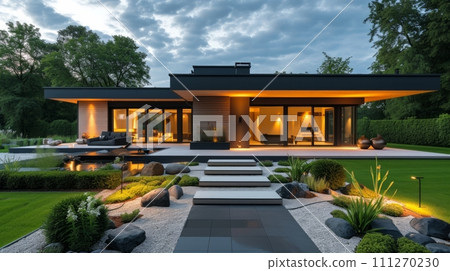 beautiful evening lighting of a modern cottage with landscape design 111270230