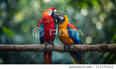 two colorful parrots are sitting together on a branch 111270242